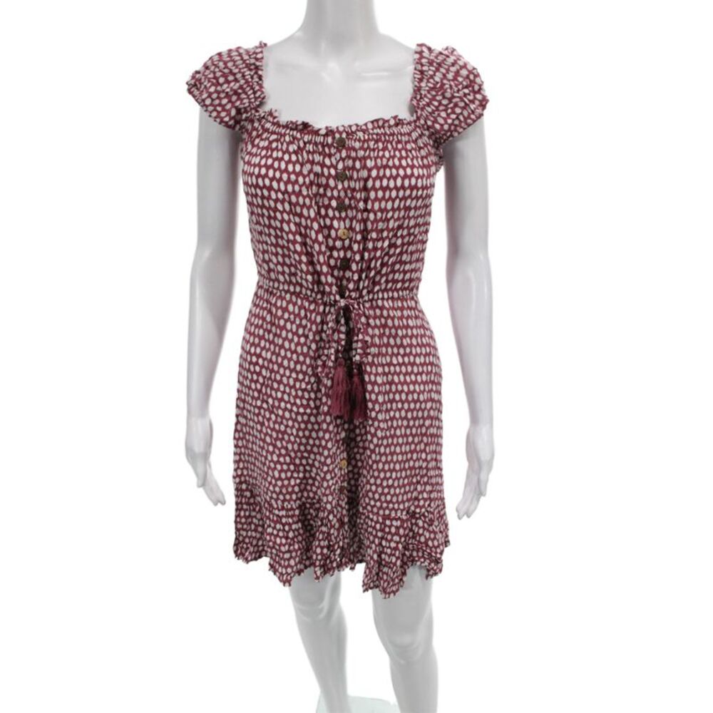 Tiare Hawaii Women Mini Dress Red Rayon Square Neck Short Sleeve Size S